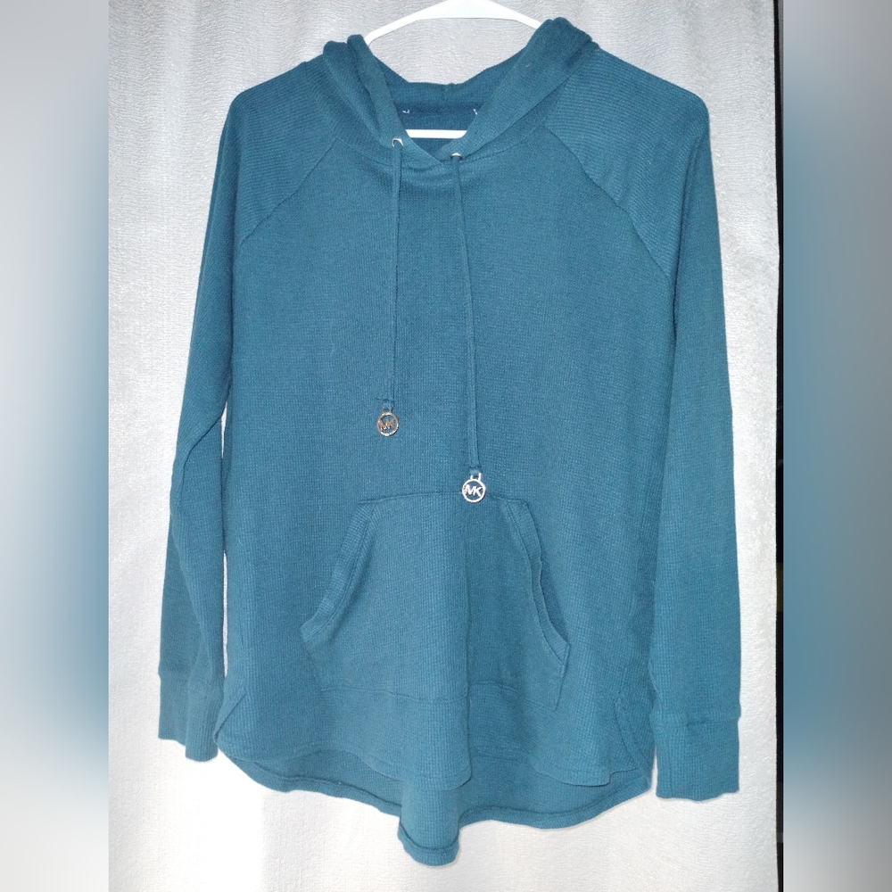 Michael Kors Teal Waffle Fabric Long Sleeve Kangaroo Pocket Hoodie